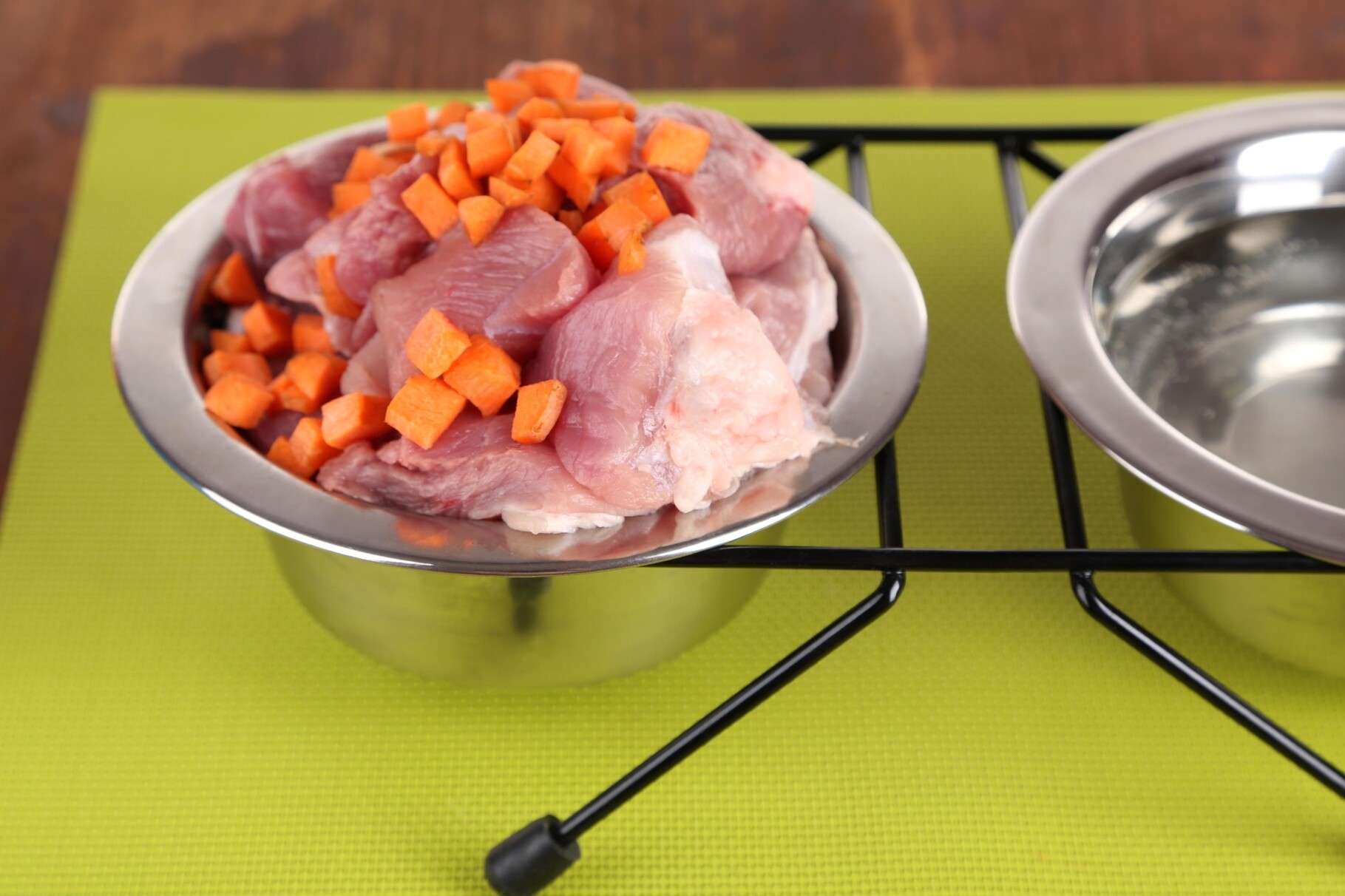 Raw Meat and Chopped Carrots in Metal Pet Bowls on the Floor